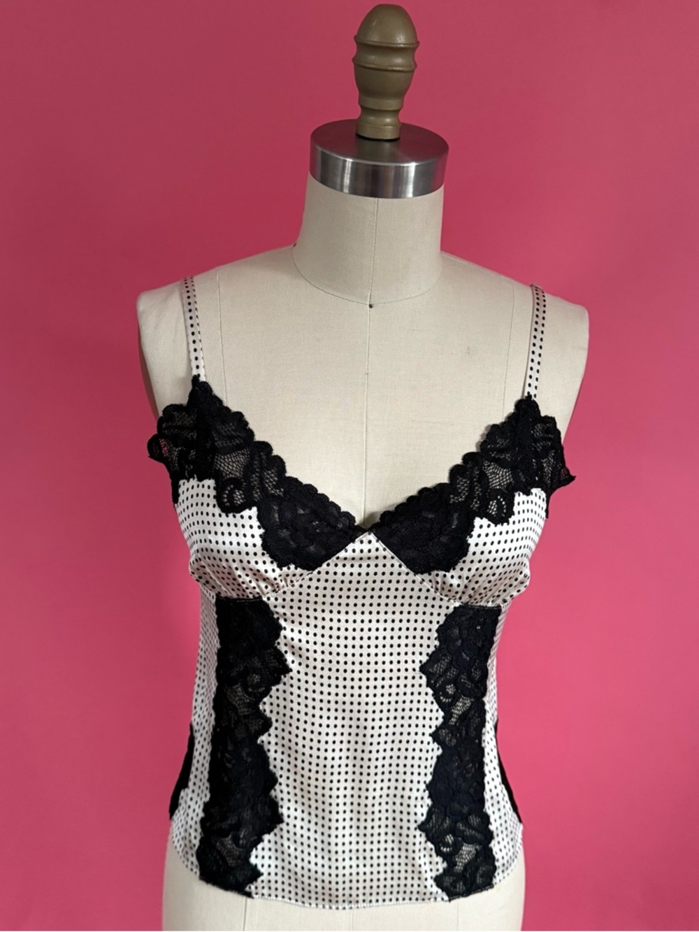 Vintage Y2K 2005 SILK Lace Polka Dot Empire Waist Silky Cami Tank Top 4P